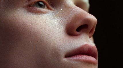 Close-up of a woman's face. the focus is on her nose and upper lip. she has a fair complexion and her eyes are looking off to the side. the background is dark, making the focus of the image stand out.