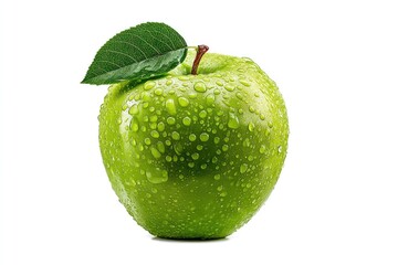 Fresh green apple with water droplets and leaf