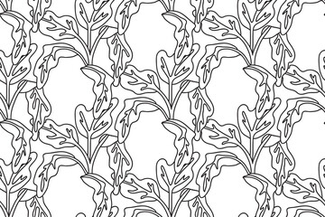 Fototapeta premium Line art floral seamless pattern with tropical leaves vector illustration. Hand drawn outline repeating foliage in white background. Graphic design for Cover Textile Fashion Birthday Wedding Greeting