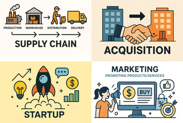 business icons in a minimalistic style, explain basic terms of finance 