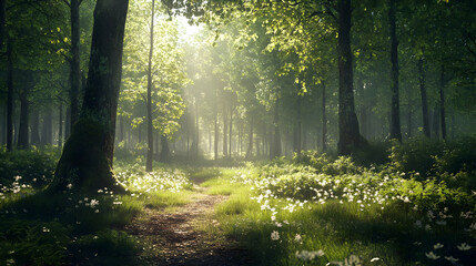 Fototapeta premium Sunlit Forest Path: A Tranquil Nature Walk