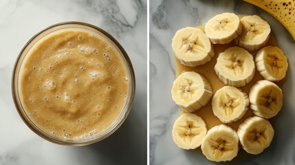 Fresh Banana Smoothie in Glass with Sliced Bananas on Side
