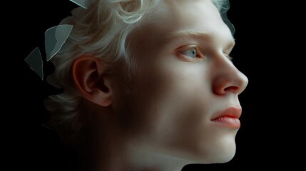 Fototapeta premium Close-up portrait of a young woman's face. she has blonde hair that is styled in loose curls and falls over her shoulders. her eyes are blue and her expression is calm and serene.