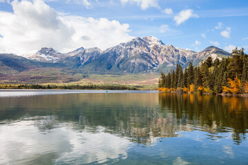 Pyramid lake in autumn, Jasper National Park, Canada
