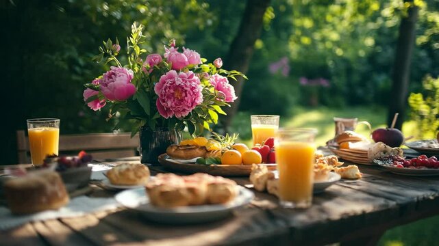 A beautifully set outdoor table featuring an assortment of brunch items, fresh fruits, floral centerpiece, and glasses of orange juice under the sunshine, perfect for a relaxing gathering in nature.