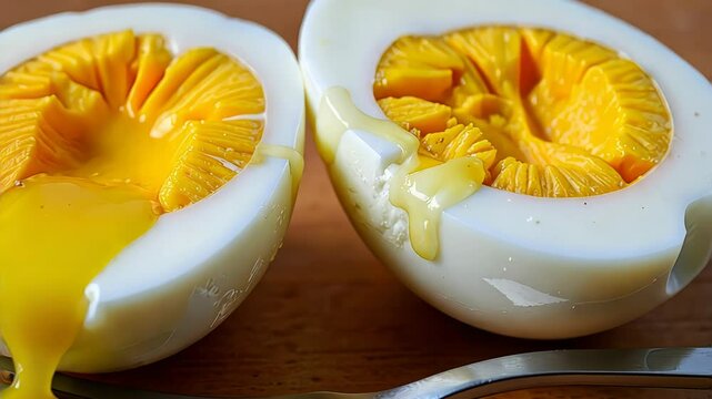 Soft-Boiled Eggs Splitting Open on Wooden Surface  