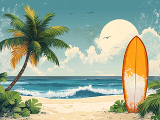 Surfboard and palm tree on the beach, surfing area. Travel adventure and water sport.