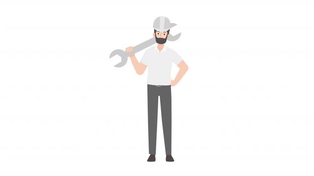 video engineer or architecture standing holding a wrench cartoon animation
