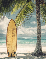 Surfboard and palm tree on the beach, surfing area. Travel adventure and water sport.