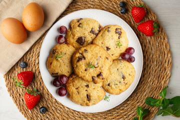Handmade chocolate chip cookies. Top view table.