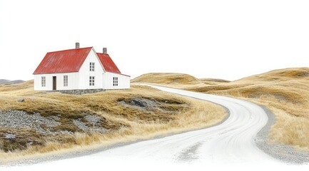 Secluded white house with red roof on a winding road across a hill