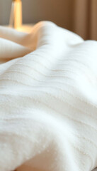 close up of a white blanket on a bed