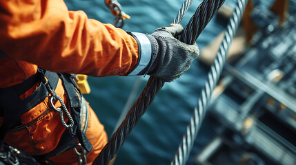 Worker in Safety Gear Handling Heavy Rope