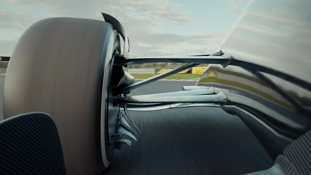 Extreme close-up of the wheel and suspension of a formula one race car driving along the race chasing another race car. 3d animation rendering. New 2025 black and gold race car design