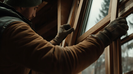 Fototapeta premium Man Installing Wooden Window Frame