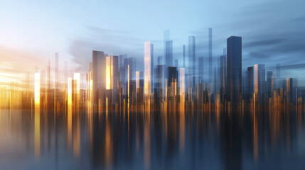 mesmerizing futuristic cityscape with shimmering golden reflections on water, showcasing tall skyscrapers and vibrant skyline