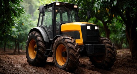 Obraz premium Industrial agricultural tractor captured in orange grove with rich green trees creating vibrant farm machinery rural agriculture productivity scene under warm natural sunlight in plantation