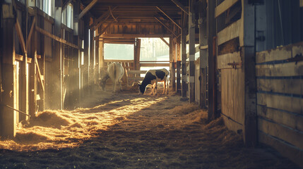 Cows grazing on hay in a rustic barn, a serene pastoral moment of rural tranquility.