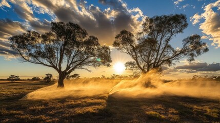 Fototapeta premium Dust devils at sunset, outback Australia