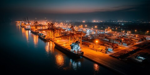 Naklejka premium Night cargo ship harbor, busy port at dusk, aerial view, transportation