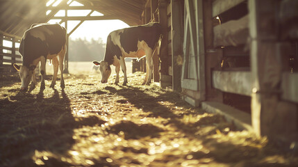 Cows grazing on hay in a rustic barn, a serene pastoral moment of rural tranquility.