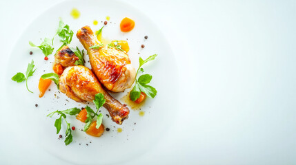 Honey-roasted chicken drumsticks garnished with fresh herbs on a bright white plate