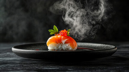 Sushi with salmon and red caviar served on a dark ceramic plate with elegant steam swirls