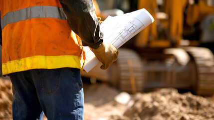 Construction Worker Holding Blueprint at Site