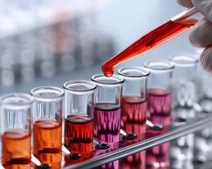A hand carefully adding reagents to a test tube rack - Accuracy Quantitative coat Research Scientific