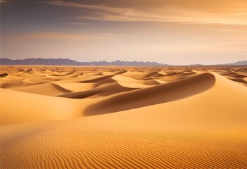 vast, endless desert with golden sand dunes stretching far under the clear blue sky
