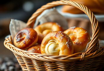 basket filled with donuts sitting on top of a table