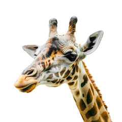 Obraz premium Giraffe in the city, looking up at skyscrapers. A giraffe near the window of an office building. AI