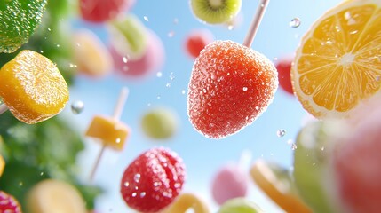 Assorted Fruit Skewers Floating Against a Blue Sky Backdrop
