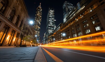 Obraz premium Night city street with illuminated skyscrapers and motion blur of car lights. Possible use Stock photo showcasing urban dynamism