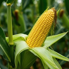 Ripe corn cob with green husk in field isolated on white background