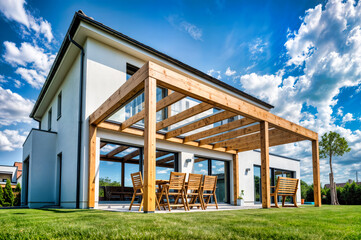 Obraz premium Modern white house with wooden pergola terrace featuring outdoor furniture. Contemporary residential architecture with minimalist design, large windows and timber patio structure under bright blue sky