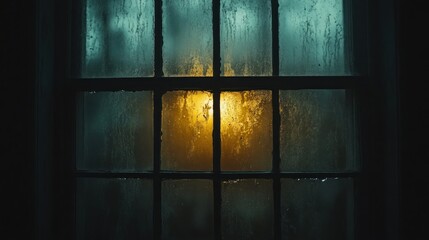 Fogged window at night, light source inside, dark room
