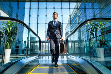 Confident businessman in dark suit with briefcase walking on escalator in modern glass office building atrium. Professional young male executive with determined expression in corporate highrise lobby