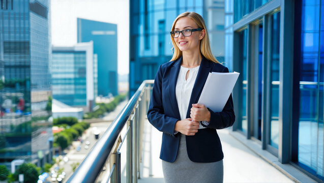 Professional businesswoman in blue blazer holding documents on office building balcony overlooking urban skyline. Corporate executive with confident smile leadership amid modern highrise cityscape