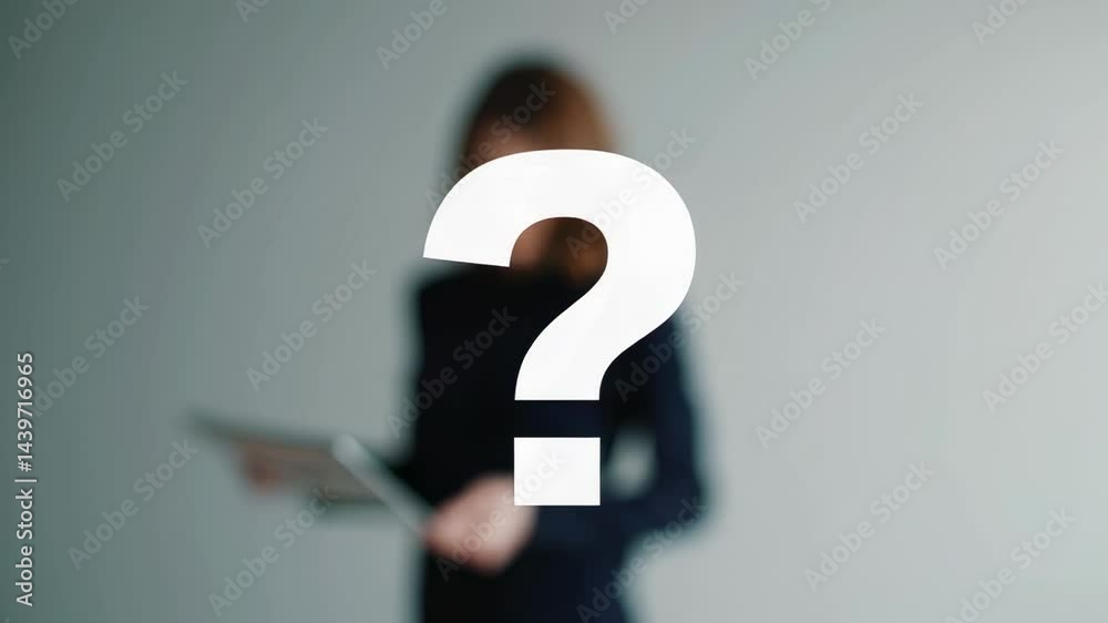 Poster blurred professional standing with digital tablet, large white question mark appearing and disappear