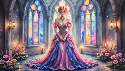 Enchanted princess standing gracefully in a fairy tale castle  