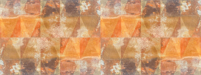 Old brown orange rusty vintage worn shabby patchwork triangular triangles motif tiles stone...