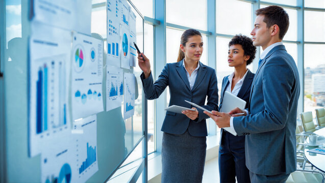 Businesspeople analyzing data charts in modern office. Three professionals in suits with tablets discussing analytics during presentation. Corporate team collaborating on statistics. Diverse