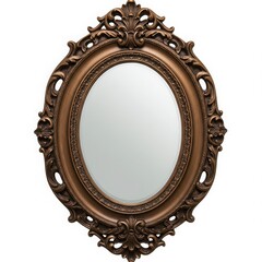 Ornate oval mirror with bronze frame isolated on white background