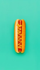 Hot dog with mustard resting on a vibrant turquoise background, creating a striking contrast