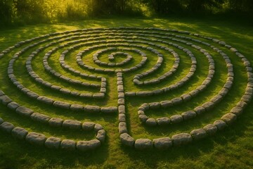 Ancient Stone Spiral Labyrinth in Sunlit Garden with Sacred Geometry and Green Surroundings

