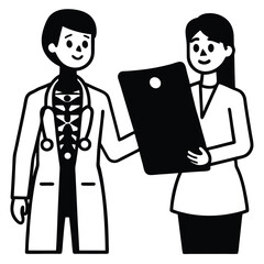 cartoon female doctor reviewing an x ray next to patient