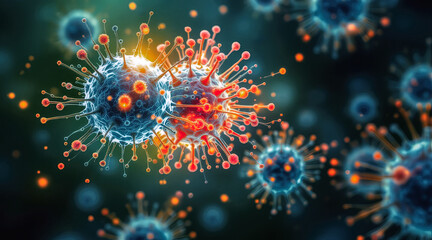 Cancer immunotherapy concept showing virus cell structure and immune response in microscopic view