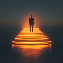 Fototapeta premium Minimalistic figure standing at the top of a glowing staircase of festive light representing clarity, determination, and success Wealth and Abundance Mindset Smart Investment Journey