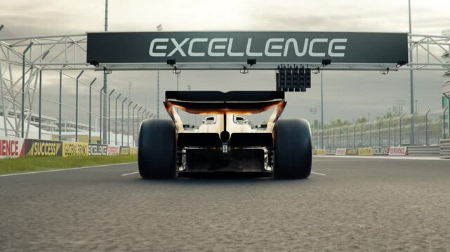 Rear view of a generic formula one race car starting from pole position. Low angle view. Starting race cars move past the camera. 3d animation rendering. New 2025 black and gold race car design